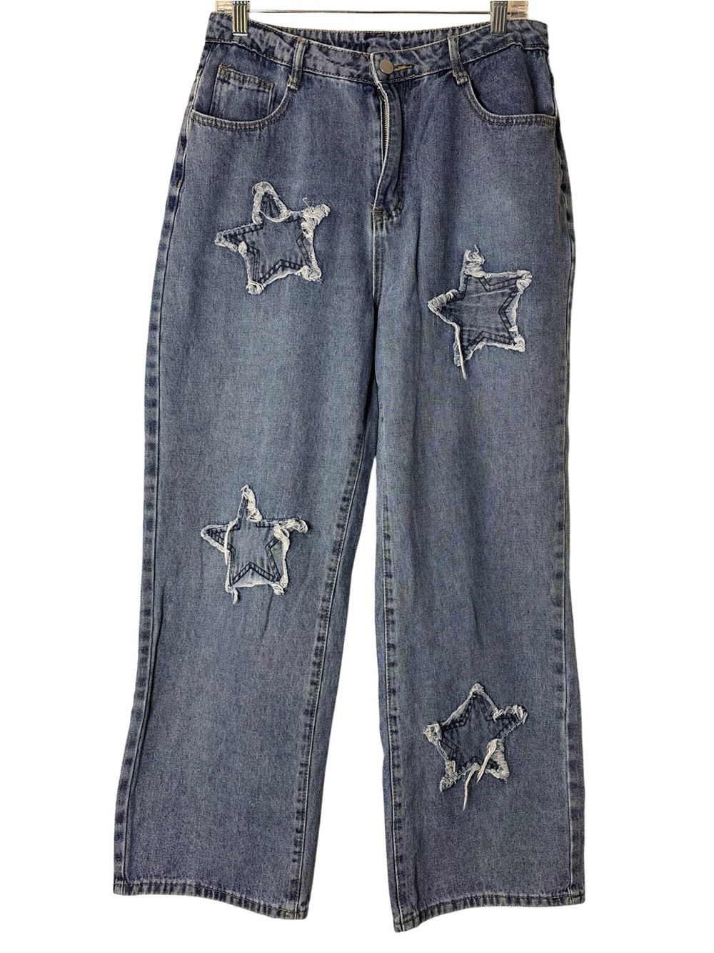 Women's Blue Wide-Leg Jeans with Star Patch Detail, size Lg
